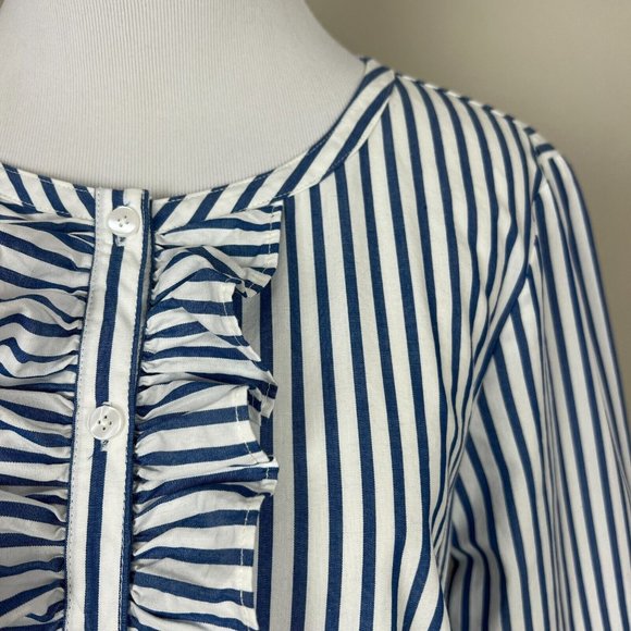 Draper James Top Womens Small Blue Striped 3/4 Bell Sleeve Cotton Ruffle Relaxed - Picture 3 of 11